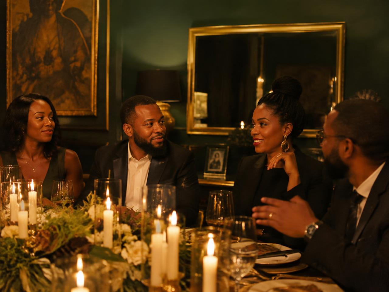 Members in conversation around a candlelit dinner table